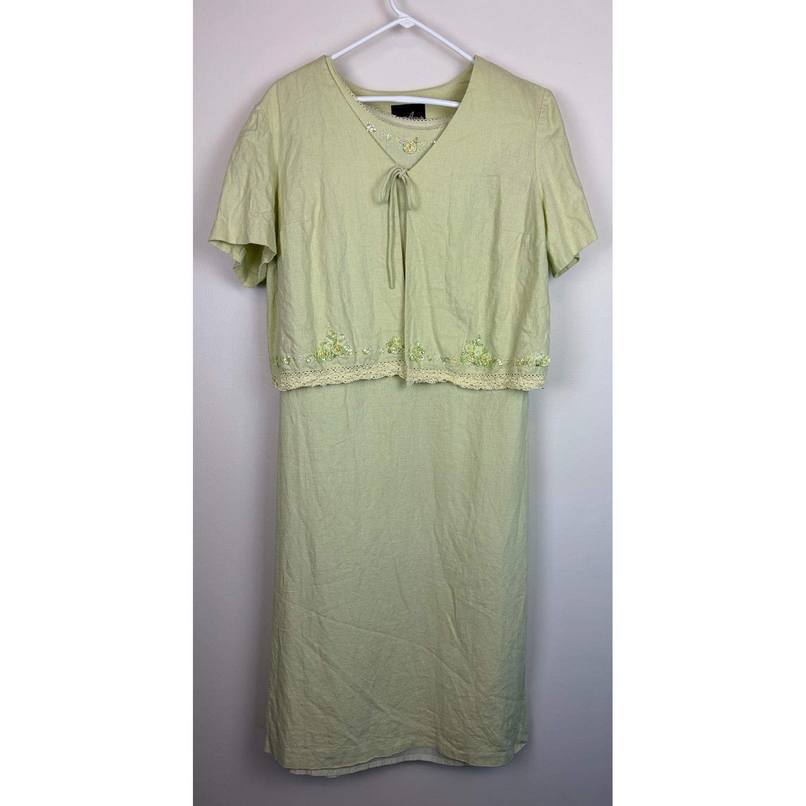 Positive Attitude Dress 2 Pc Set 16p Green Linen Cottagecore Bead Embroidere 90s
